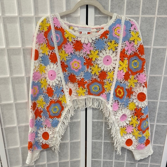 House of Harlow 1960 Tops - House of Harlow Crochet Floral Fringe Top in White with Multicolor Flowers NWT